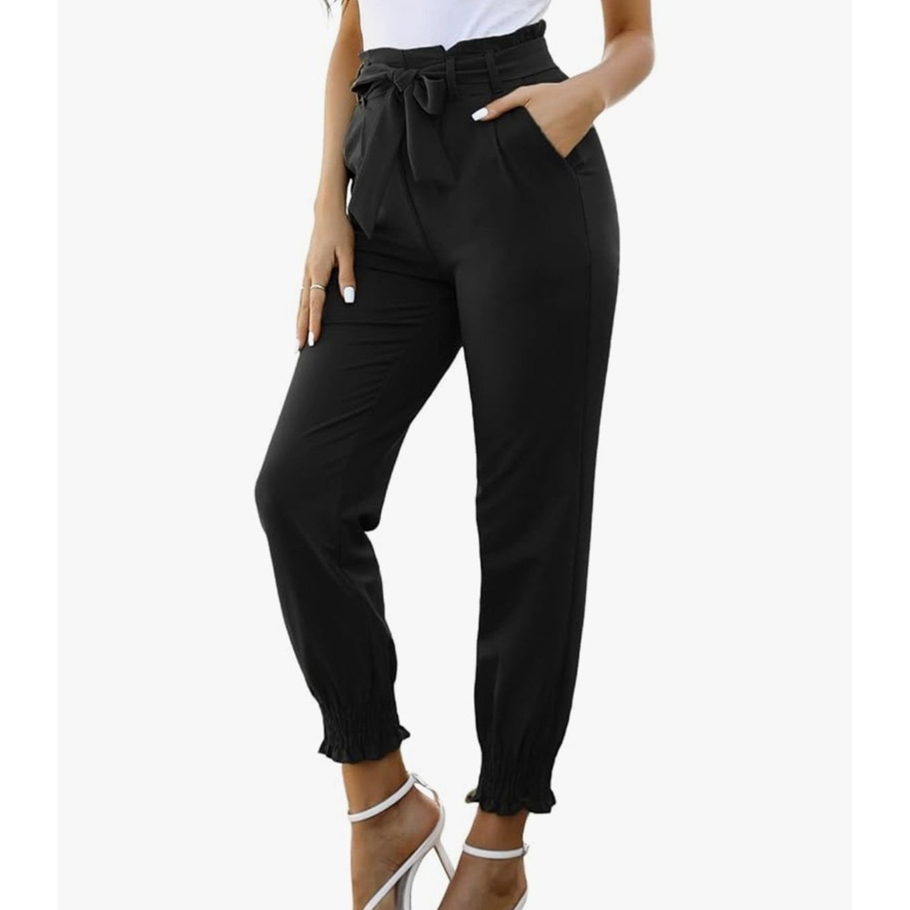 Grace Karin Pants‎ Black Paperbag Tie High Waist Tapered Ankle Pockets S NWT